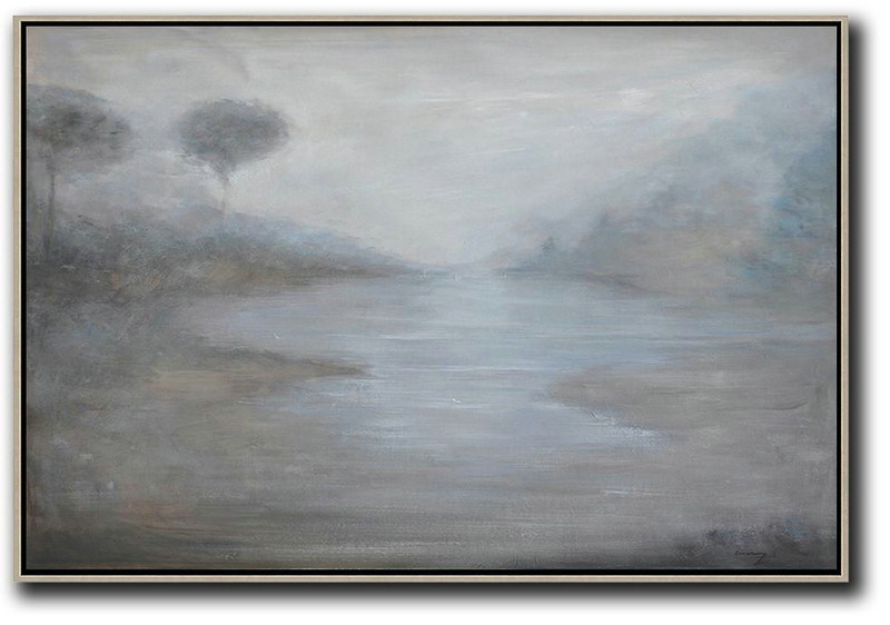 Horizontal Abstract Landscape Oil Painting On Canvas,Large Abstract Art Handmade Acrylic Painting,Grey,White,Blue